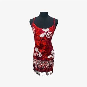 Vintage 90s Red Shell Print Fringe Boho Festival Mini Dress | Small